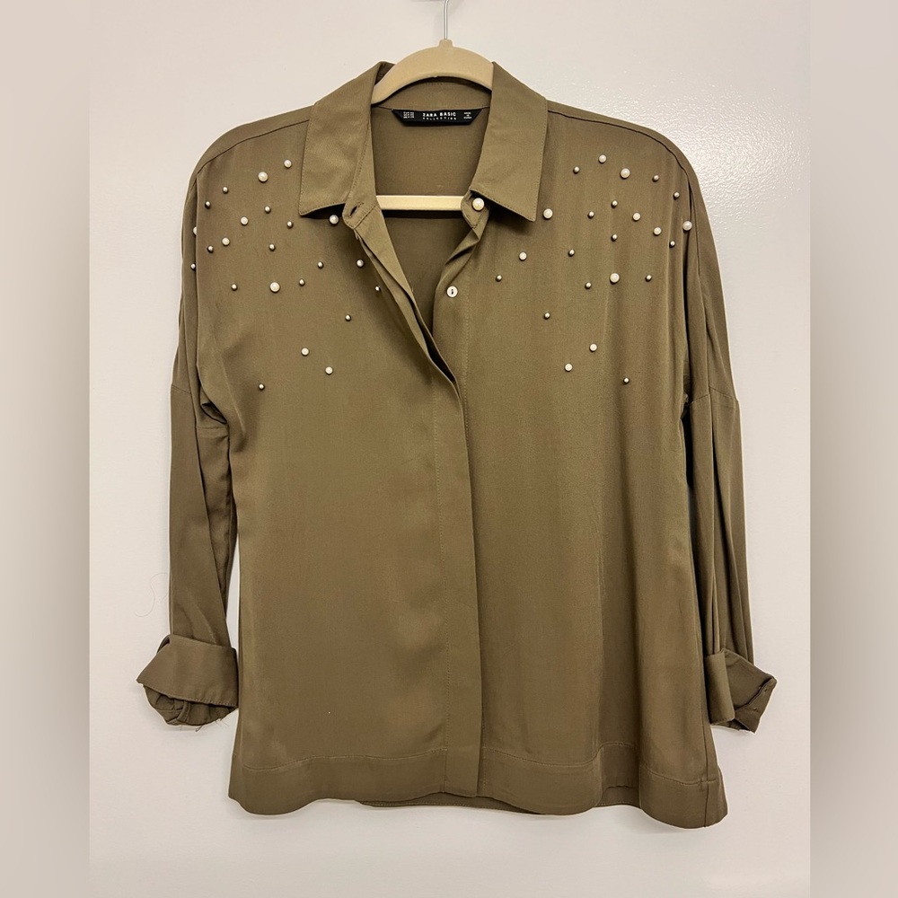 Olive green button up with pearl details